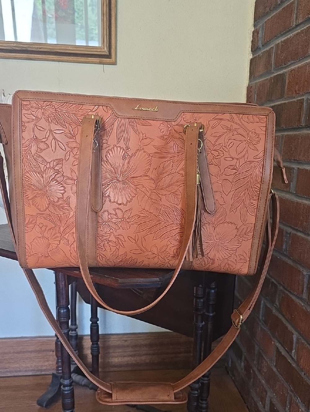 Floral Embossed Tote in Cognac